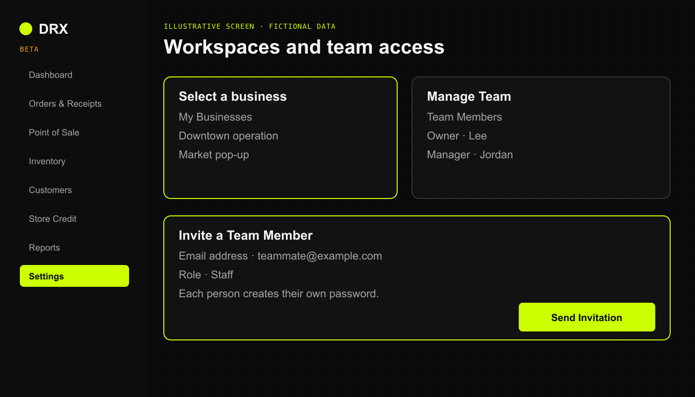 Illustrative workspace selector and Manage Team panels with fictional business and member names.