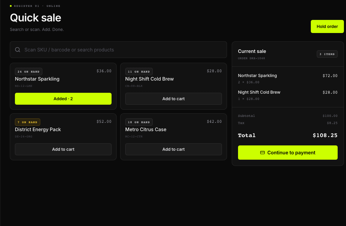 Illustrative Quick sale screen with fictional products, a cart, and a reviewable total.