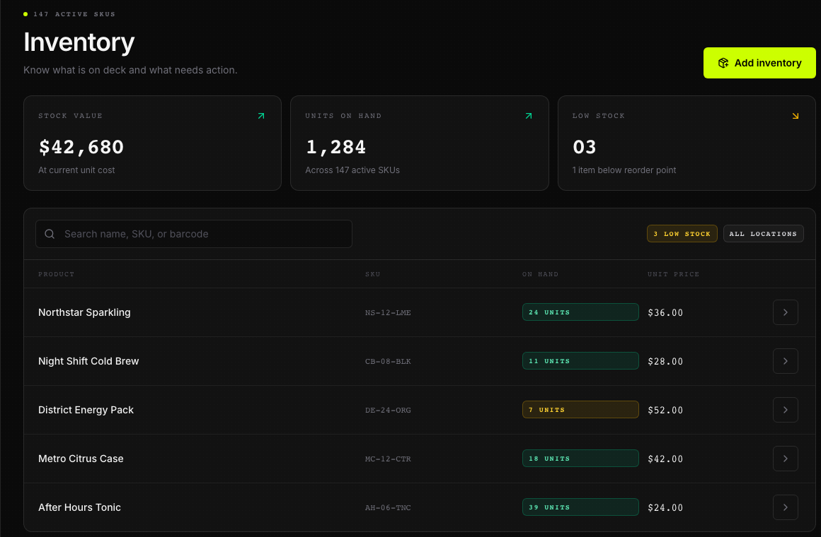 Illustrative DRX Inventory page with fictional products, counts, and an Add inventory action.